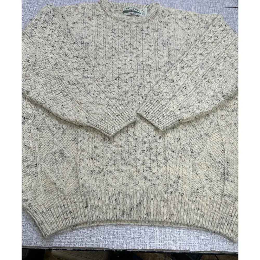 Aran Crafts Sweater Mens XL Beige Merino Wool Cable Knit Fisherman Crew Ireland
